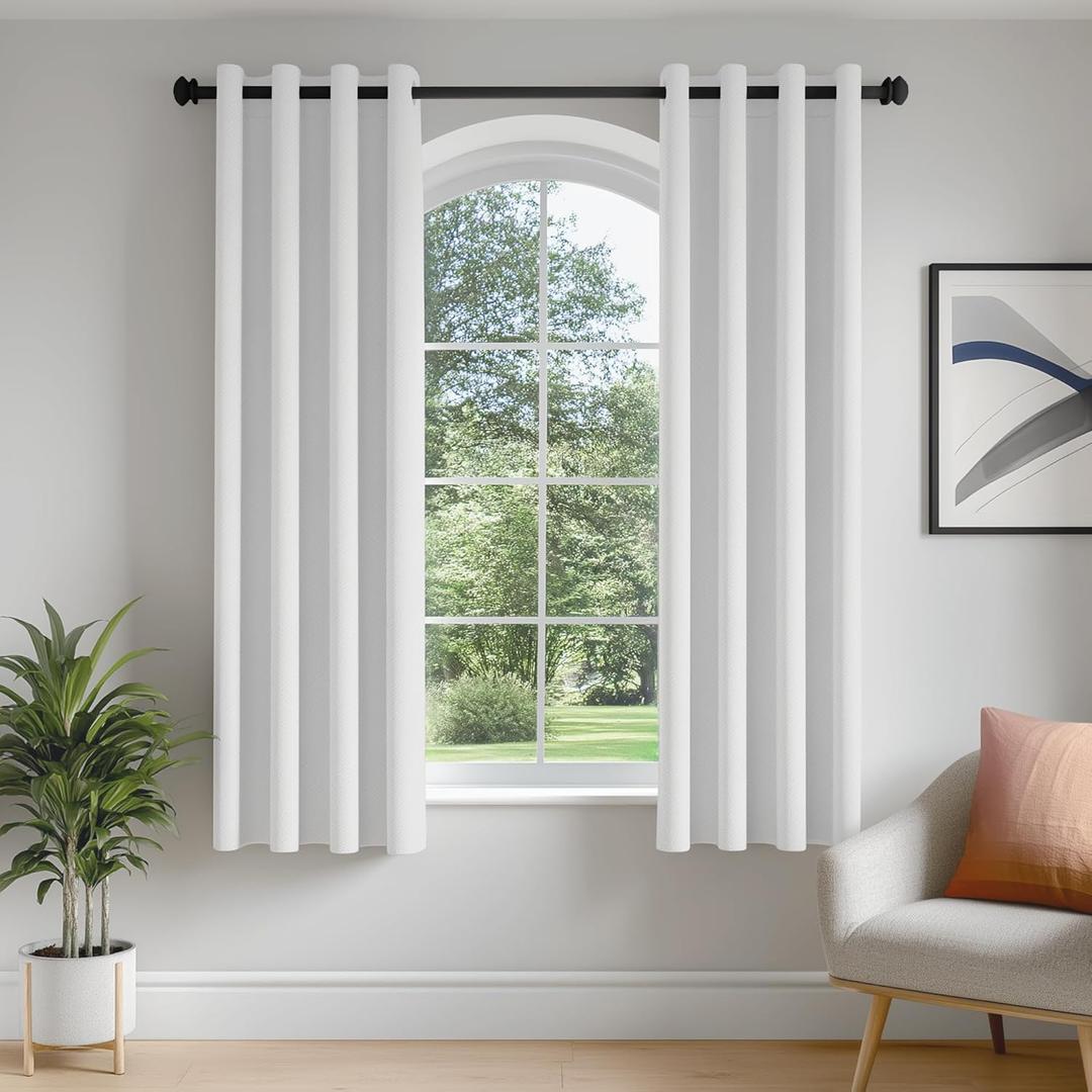 FMFUNCTEX 100% White Blackout Curtains for Bedroom, White Weave Textured Curtains 54 Inch Length Thermal Insulated Curtain for Living Room, Black Out Drapery Grommet Room Darkening 2 Panels