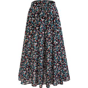 Maxi Skirt for Women Floral Boho A-line Long Summer Skirts with Elastic High Waist Adjustable Drawstring, Pockets, One Size