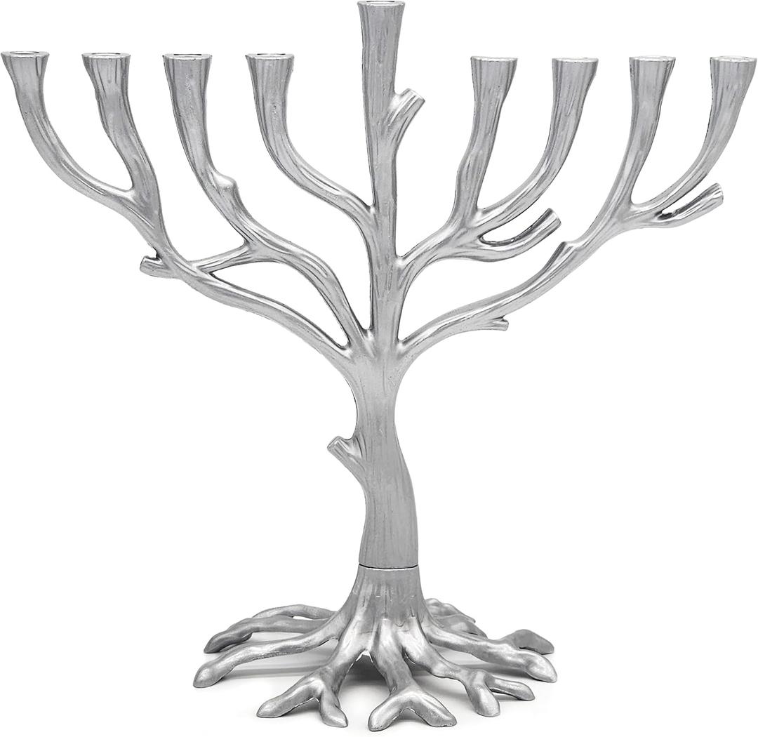 The Dreidel Company Tree of Life Menorah Rustic Pewter Finish Full Size 10 Inches for Hanukkah Fits Standard Chanukah Candles - Collectible Artistic Menorah for Judaic Display