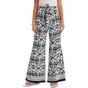 Yousify Women's Wide Leg Boho Pants High Waisted Printed Palazzo Pants Casual Flowy Tie Knot Vacation Trousers with Pockets, Medium
