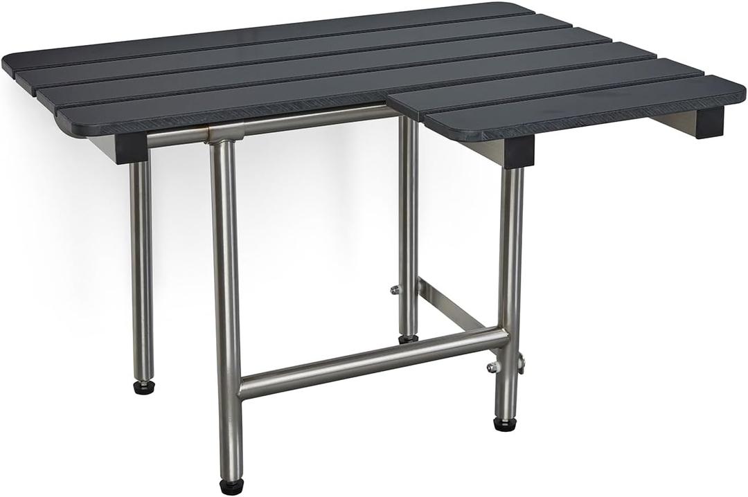 Seachrome 32-inch x 22.5-inch ADA Bariatric Wall Mount Folding Transfer Bench Shower Seat with Legs, Left-Handed, Black Slatted Phenolic Seat