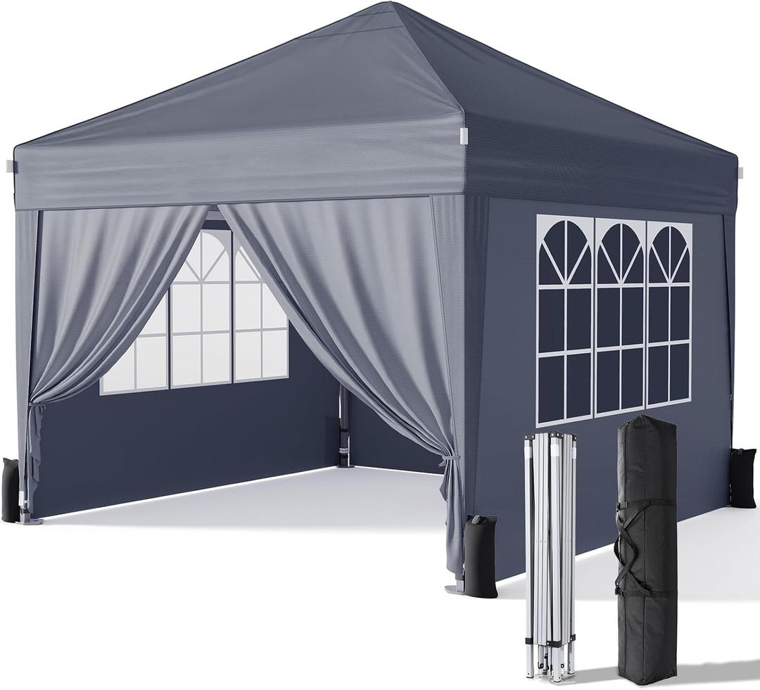 10x10 Pop Up Canopy with Sidewalls, Outdoor Instant Canopy Tent with Carry Bag for Commercial Events, Camping, Backyard Parties - Dark Grey