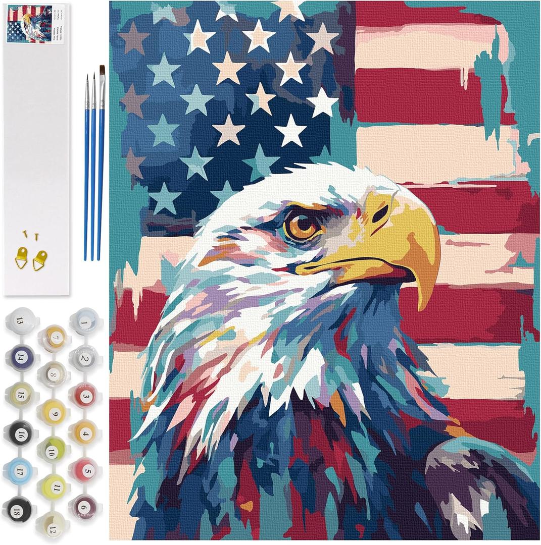 Petrala Paint by Numbers Kit for Adults Beginners, American Flag Acrylic Painting by Numbers, Bald Eagle Animal DIY Paintworks, 4th of July Easy Paint by Number on Canvas, 16x20 Inch