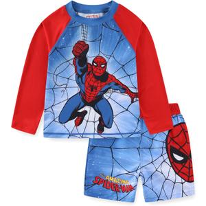Marvel Spider-Man Boys UPF 50+ Rash Guard and Swim Trunks for Toddler and Big Kids (4, Red/Blue)