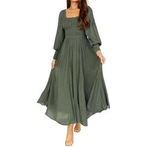 R.Vivimos Women's Puff Long Sleeve Maxi Dress Square Neck Elastic Empire Waist Swiss Dots Casual Flowy A-Line Long Dresses M