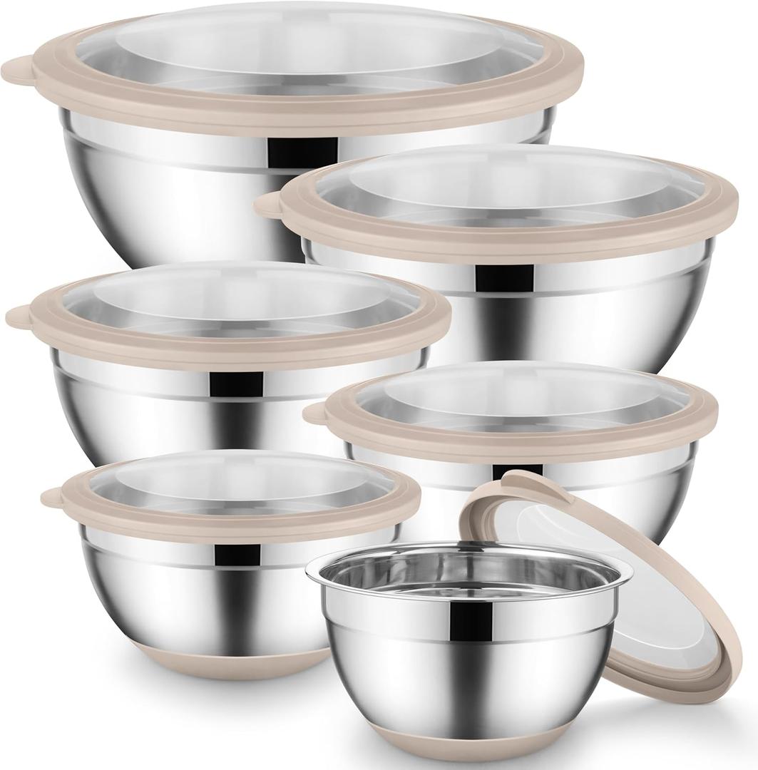 Onader Mixing Bowls with Lids Set of 6, Large Metal Nesting Mixing Bowls, Stainless Steel Non-Slip Salad Bowl Khaki Size 1, 1.5, 2, 2.6, 3.5, 7QT