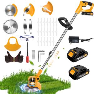 20000 RPM Electric Weed Wacker Cordless Eater, 21V Height Adjustable 6" Heavy-Duty Garden Edger Brush Cutter Cordless, Grass Trimmer Lawn Mower Trimmer with Blades, 2 Batteries, Charger (Yellow)