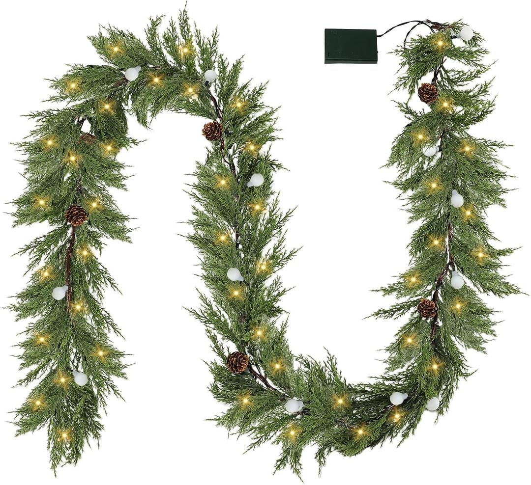 Prelit Pine Garland Realistic with Timer, 6FT Faux Christmas Garlands Battery Operated,Winter Garland for Xmas Holiday Outdoor Indoor