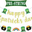 Pre-Strung Happy St Patricks Day Banner,Glitter Happy St Patricks Day Banner Sign with Irish Shamrock&Pot of Gold&Rainbow&Irish Hat Garland for Home Indoor Fireplace Mantle Photo Props Backdrop Decor