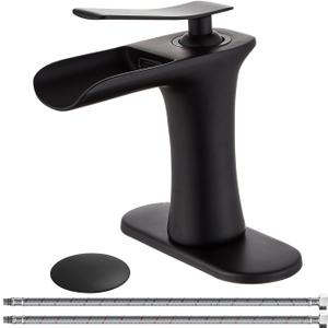 Wovier Matte Black Waterfall Bathroom Sink Faucet, Single Handle Single Hole Brass Lavatory Vanity Faucet, Basin Mixer Tap with Supply Hose and Pop Up Drain Assembly (Short Body)