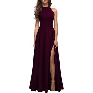MUSHARE Women's Halter Neck Sexy Split Cocktail Party Maxi Long Formal Dress (Large, Burgundy)
