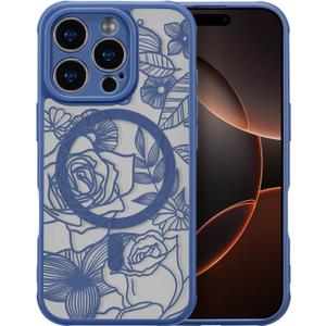 XIZYO Magnetic Case for iPhone 16 Pro Max Floral Rose Cute Phone Case [Compatible with Magsafe] for Women Girls Aesthetic Pattern Slim TPU Shockproof Bumper Cover, Deep Blue