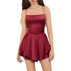 Women Sexy Backless Short Romper Satin Dress Cowl Neck Tie Ruffle Layer Spaghetti Strap Jumpsuit Mini Dress, Size S