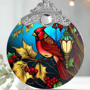 Christmas Ornament - Red Bird Cardinal Stained Glass Decor - Holiday Decorations and Xmas Gift Ideas for Tree