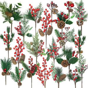 22 Pcs Large Artificial Christmas Tree Picks, Assorted 20 Kinds Red Berry Picks Stem Faux Pine Branches Flower Pick with Pinecones Apples Holly Leaves for Winter Holiday Season Home Decor