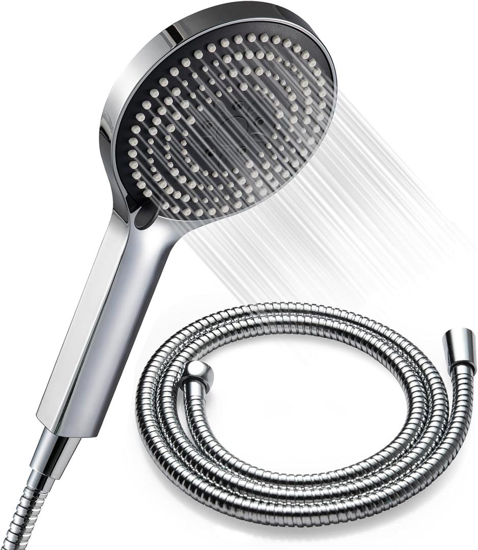 OFFO Handheld Shower Head Set, 6-Mode High Pressure Handheld Sprayer with 60 Inch Stainless Steel Shower Hose, High Flow Large Powerful Boosting Handheld Showerhead for Low Water Pressure, Chrome