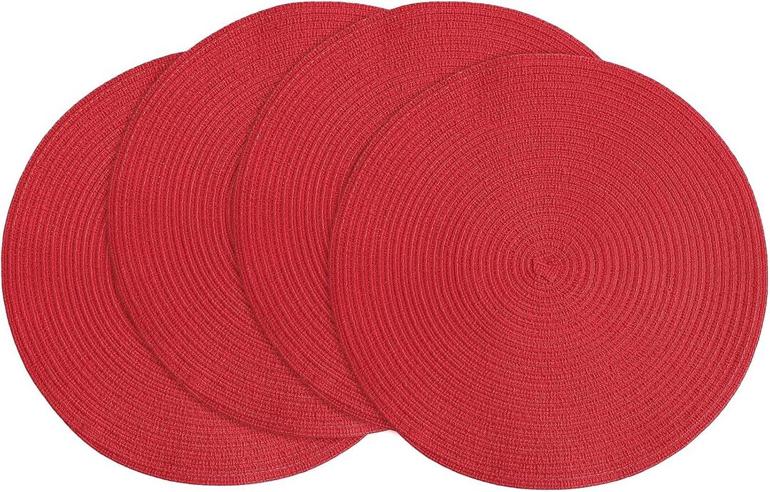 Floroom 15 Inch Round Braided Placemats Set of 4, Washable Heat Resistant Cotton Polyester Circle Place Mats for Kitchen Dining Table - Red