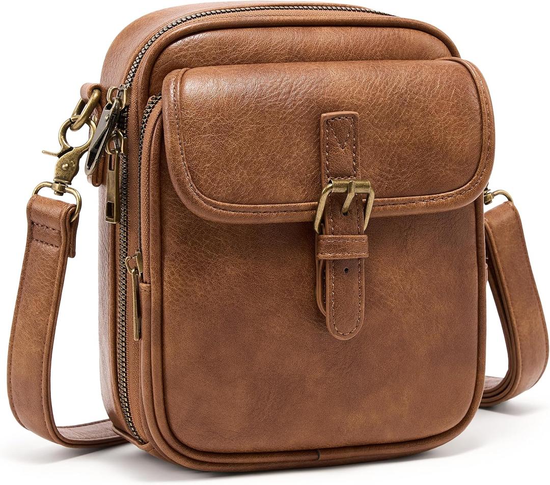 Small Messenger Bag Vegan Leather Crossbody Bag for Women Men, Vintage Cross Body Shoulder Purse with Card Slots (Brown)