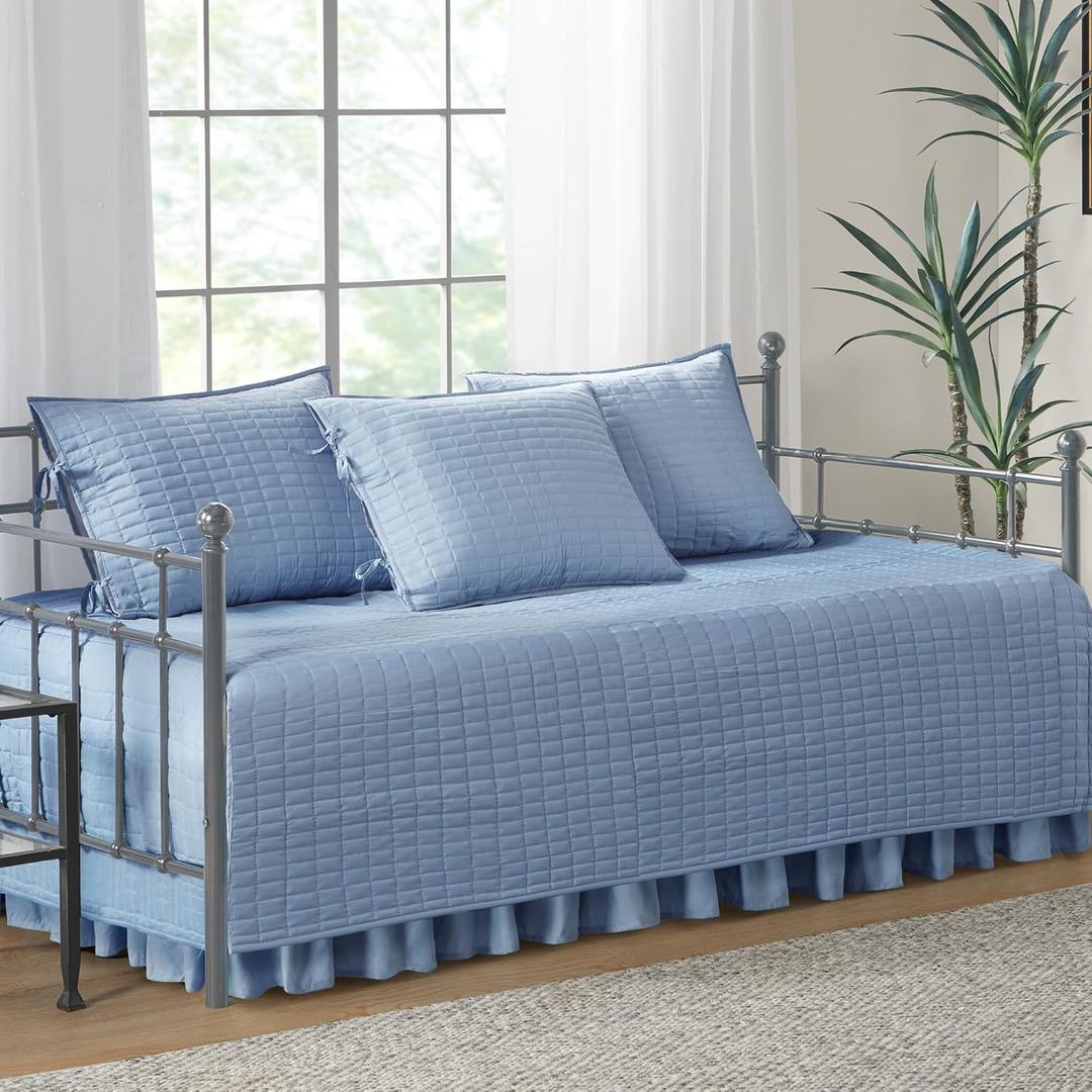 Comfort Spaces Daybed Cover- Luxe Double Sided -Quilting, All Season Cozy Bedding with Bedskirt, Matching Shams, 75'x39' Blue 5 Piece