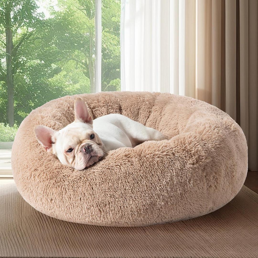 Bedsure Calming Dog Bed for Medium Dogs - Donut Washable Medium Pet Bed, 30 inches Anti-Slip Round Fluffy Plush Faux Fur Cat Bed, Fits up to 45 lbs Pets, Camel (30.0"L x 30.0"W x 8.0"Th)