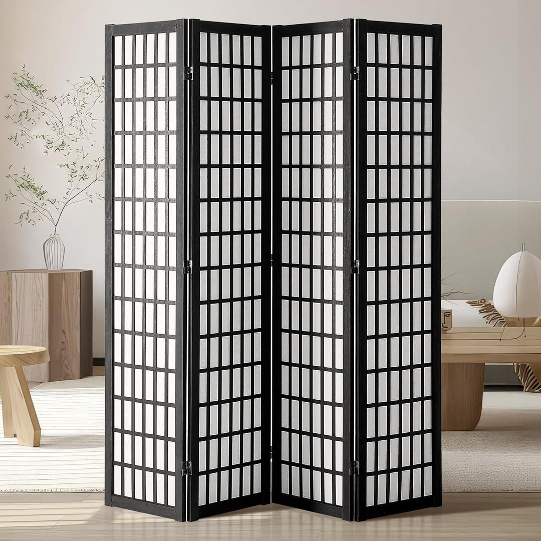 VEVOR Room Divider, 4 Panel Japanese Room Divider, Wood Folding Privacy Screen Indoor, Japanese Partition Dividers Portable Decoration Screens, for Room Separation Home Office Restaurant & Bedroom (Black+plain)