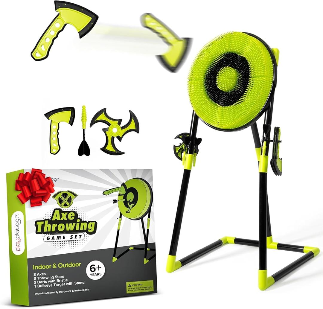 Play Platoon Kids Axe Throwing Game for Backyard, Ax Throwing Game Set for Adults and Kids - 3 Plastic Toy Hatchets, Ninja Stars, and Darts, Bristle Dart Board Indoor Outdoor Fun