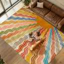 Washable 5x7 Sun Area Rug for Living Room, Rainbow Sun Modern Retro Large Area Rugs, Ultra Thin Low Pile Lightweight Soft Indoor Floor Carpet with Non-Slip Backing for Bedroom Kids Nursery Play Room