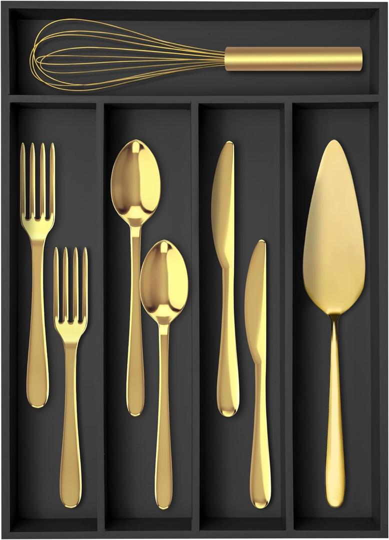 Silverware Organizer Bamboo Kitchen Drawer Organizer Utensil Organizer Silverware Holder Cutlery Organizer in drawer Flatware Organizer Tray (Black 5 Slots)