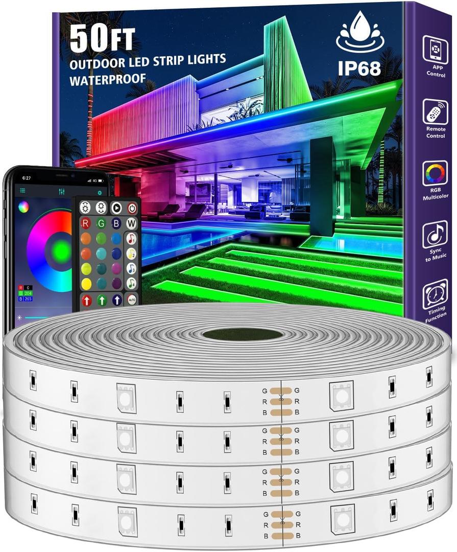 50ft Outdoor LED Strip Lights Waterproof,Music Sync RGB IP68 Outside Led Light Strips Waterproof with App and Remote,Exterior Led Rope Lights for Deck,Balcony,Roof,Garden,Pool