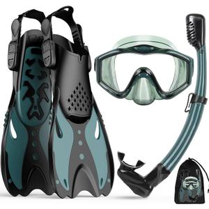 KUYOU Mask Fins Snorkeling Gear for Adults - Wide View Anti-Fog Mask, Full Dry Top Snorkel Gear Set (Dark Celadon, S/M)