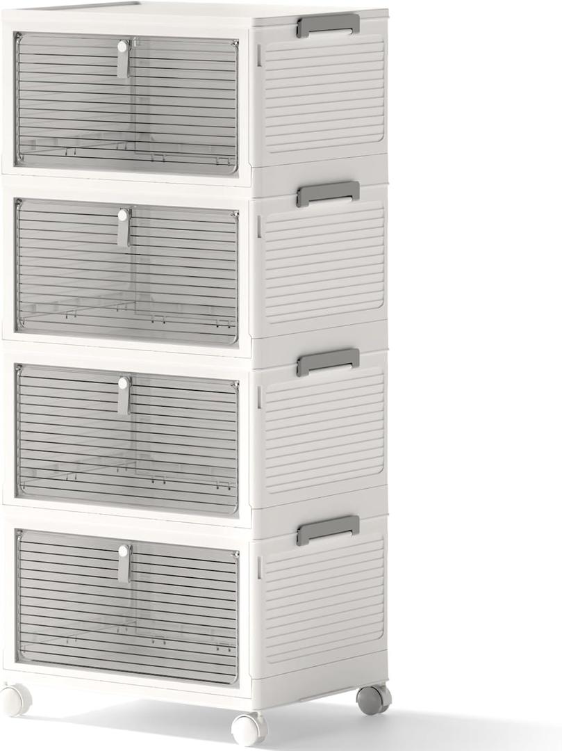 Storage Bins with Lids,4 Tier Stackable Storage Bins with Drawers,4 Pack Collapsible Plastic Storage Boxes with Wheel-1 Lid,23QT Foldable Containers for Closet Living Room Bedroom Office.