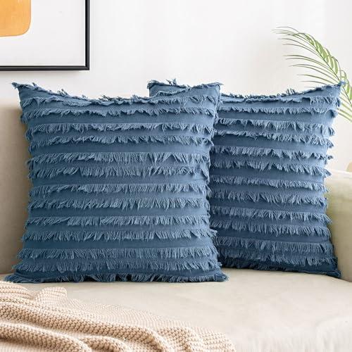 MIULEE Set of 2 Decorative Boho Throw Pillow Covers Linen Striped Jacquard Pattern Cushion Covers for Sofa Couch Living Room Bedroom 18x18 Inch Dark Blue