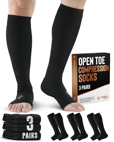 Doctor's Select 3 Pairs Copper Toeless Compression Socks for Men & Women - 20-30 mmHg Open Toe, Knee High, Black