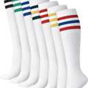 7 Pairs Retro Striped Tube Socks White over the Calf Tube Hoses Men Knee High Striped Athletic Socks for Men, Size 10-13, Multicolor