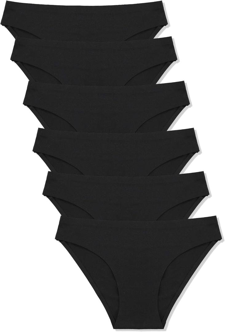 FINETOO 6 Pack Womens Seamless Hipster Underwear No Show Panties Invisibles Briefs Soft Stretch Bikini Underwears XS-XL (X-Large, Black)