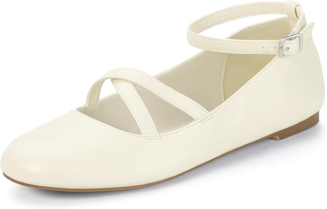 Mofri ShowHow Womens Mary Jane Flats Round Toe Mary Jane Shoes Ankle Strap Ballet Flats Shoes Wedding Casual Office Dress Shoes (7, White Pu)