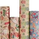 Aimyoo Kraft Christmas Wrapping Paper Set, Vintage Kids Xmas Gift Wrap Paper Rolls, Stockings Candy Canes Santa Deers Snowman Skating Shoes Designs,17 in x 16 ft per Roll