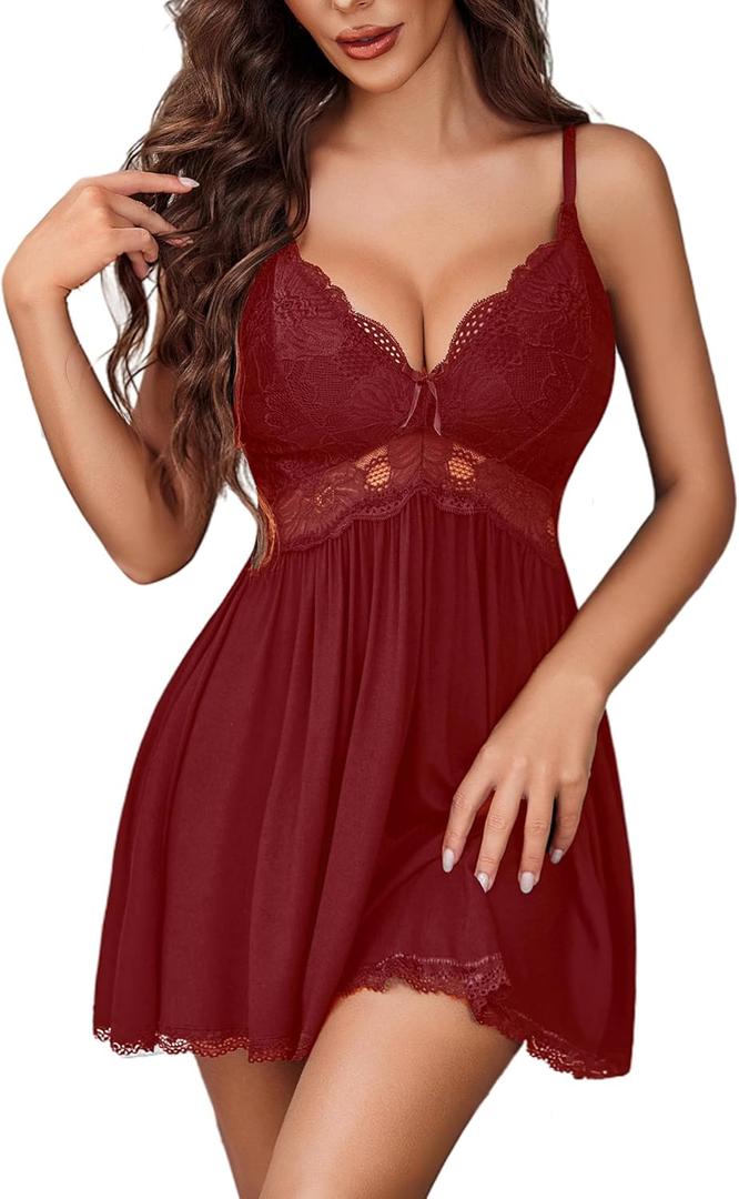 Avidlove Women Babydoll Nightgown Chemises Lace Modal Sleepwear V-Neck Full Slip Sleep Dress (Dark Red, S)