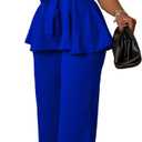 Women's 2 Piece Outfits Suit Set Short Sleeve Peplum Top Flared Pants Sets Business Pantsuits (Medium, Blue)