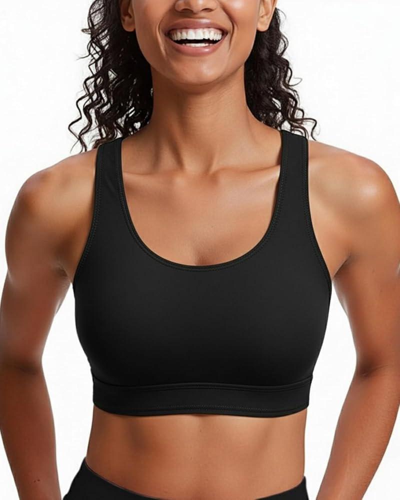 Women Sports Bra Bikini Top - Scoop Neck Criss Cross Back Swim Top Spaghetti Straps Bathing Suit Top Only 2025, Black, M