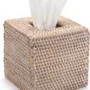 Rattan Tissue Box Cover Natural Woven Facial Napkin Holder Square (White, 5.5x5.5x5.9 Inch)