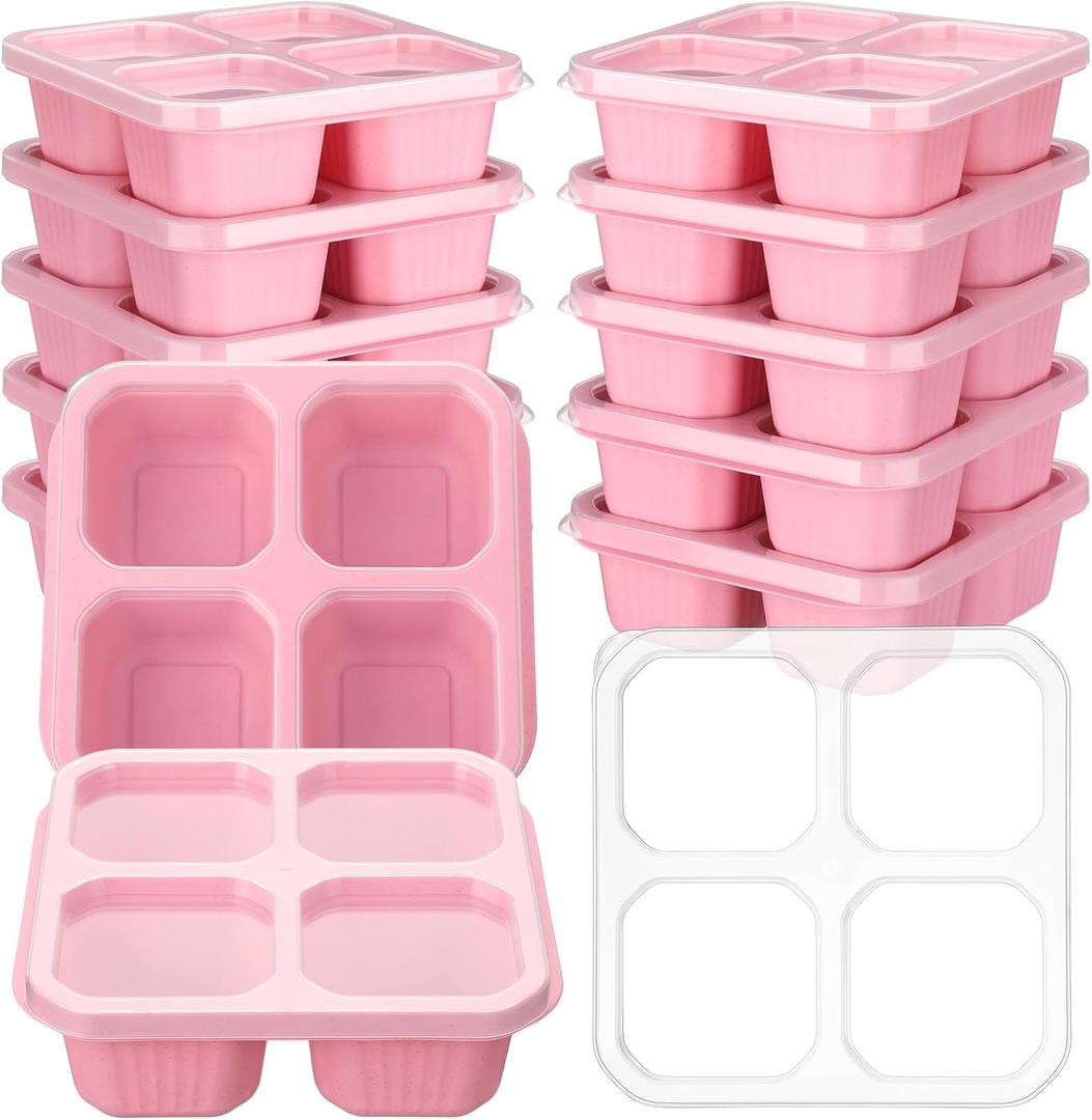 Ziliny 12 Pcs 4 Divided Compartments Snack Containers Bento Wheat Straw Snack Box with Lid Reusable Meal Prep Lunch Box Food Storage Containers for Adults Christmas Travel Work Gifts(Pink)