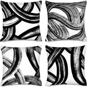 Black and White Abstract Striped Throw Pillow Covers 18x18 Set of 4, Modern Art Boho Lines Decorative Square Pillow Cases for Farmhouse Living Room Sofa Bed Couch, Spring Easter Minimalist Home Decor
