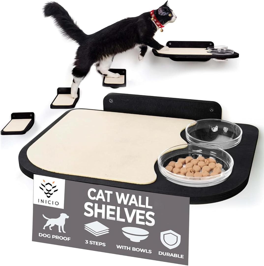 INICIO Cat Wall Shelves  Dog Proof Feeding Station with Wall Mounted Shelves, Durable 3 Step Birch Floating Shelf for Cats Up to 17lbs, Includes Attached Cat Food Bowl for Convenient Feeding  Black