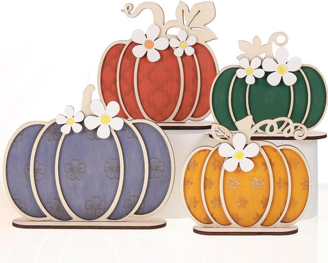 Leinuosen 4 Pcs Thanksgiving Fall Pumpkin Decoration Wooden Tabletop Signs Pumpkin of 4 Size, Autumn Table Centerpieces Season Tray Decor for Halloween Harvest Home Room Decoration(Earthy Colors)