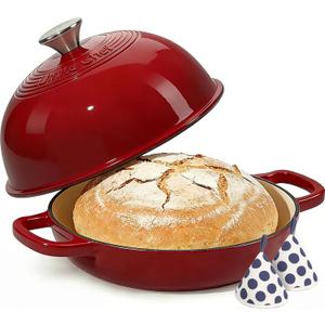 Enamelled Cast Iron Dutch Oven Pot  Dutch Oven Pot with Lid For Sourdough Bread Baking  Cast Iron Bread Oven  Red, Umite Chef 6QT Pot with Lid & Cotton Potholders