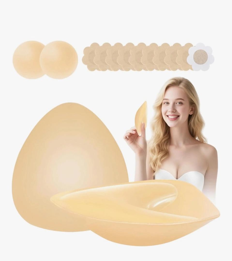 Dersoud Sticky Bra Inserts - Soft Invisible Reusable Double Sided Sticky bra for Women with Lift Support, Washable for Bikini, Swimsuit, Wedding, Strapless Dress B Beige