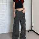 Baggy Cargo Pants for Women Men High Waisted Y2k Hip Hop Grunge Pants with Pockets Casual Streetwear Grey-L 
