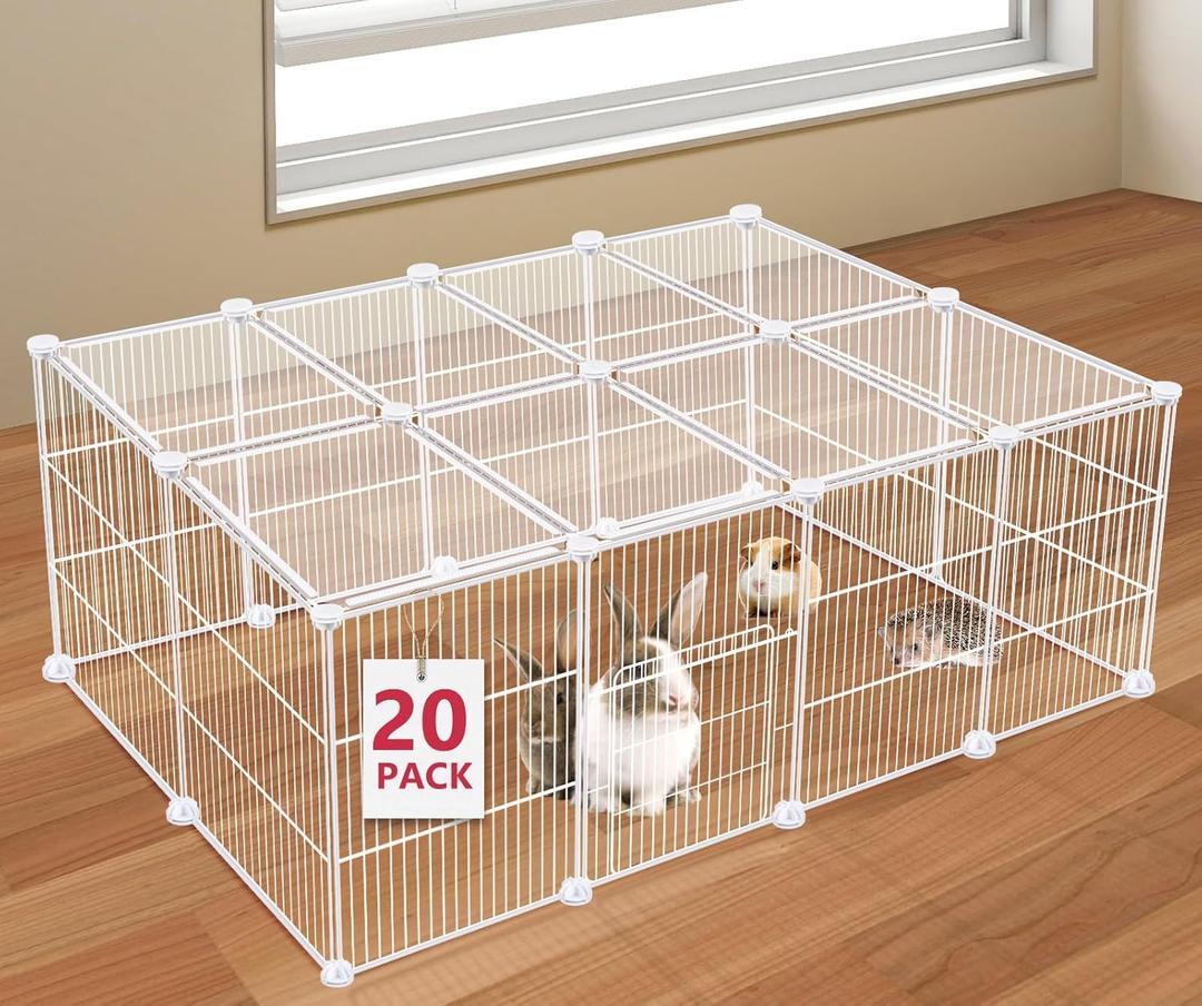 VISCOO 20 Panels Small Animal Playpen, Pet Playpen, C&C Cage for Guinea Pigs, Rabbit/Bunny Cage, Puppy Play Pen, Indoor Outdoor Portable Metal Wire Yard Fence(White)