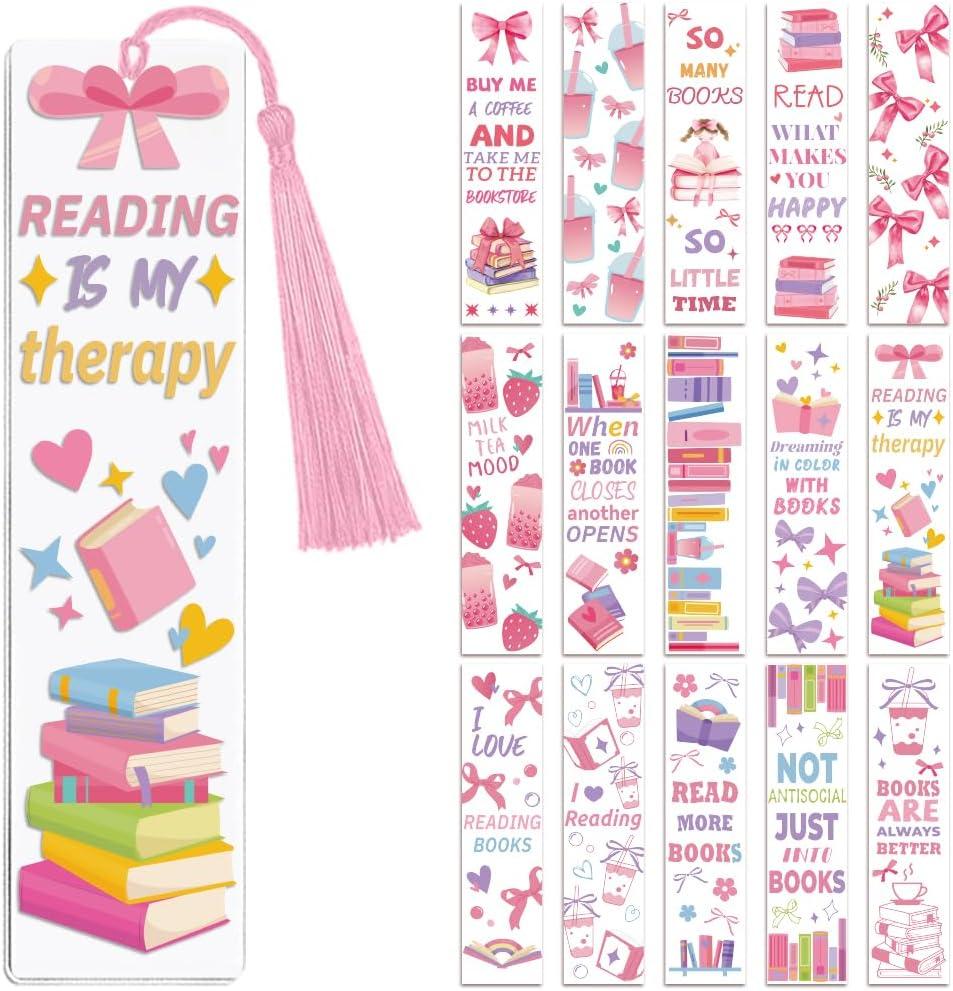 Peacoblue 30pcs UV DTF Bookmarks Wraps Transfer Stickers Pink Bow and Book for Women Men Reading, Waterproof Bookmarkers Decal(No Blank Bookmarks) for Acrylic Plastic Metal Blank Bookmark
